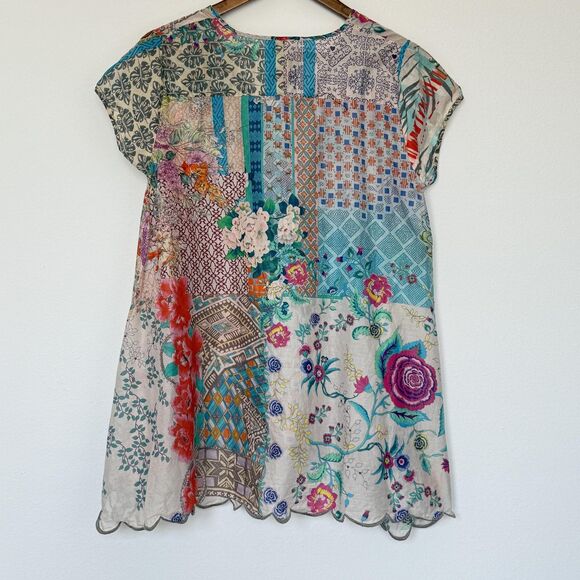 Johnny Was Tunic Top Womens Small Multicolor Boho Patchwork Floral Scalloped - Picture 5 of 9